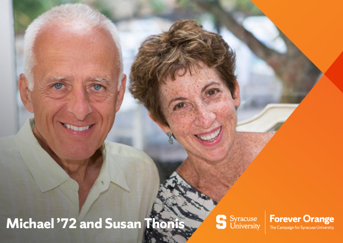 Outside headshot of Michael and Susan Thonis with Forever Orange logo